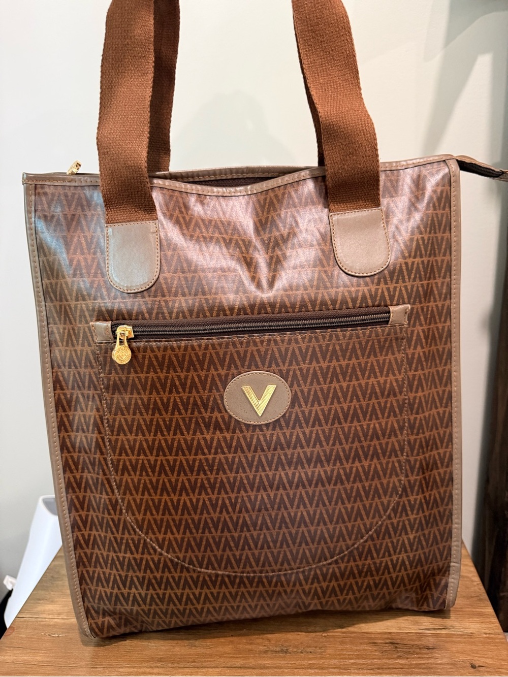 Mario Valentino Brown V-Monogram Tote Bag with Front Zip Pocket